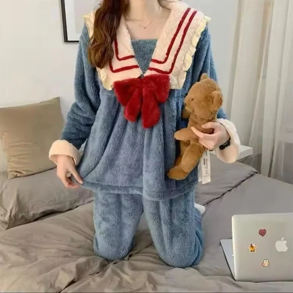 New Pajama Sets Women Sweet Japan Style Lounge Kawaii Sleepwear Flannel - Picture 6 of 8